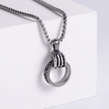 Vintage punk titanium steel necklace featuring a bone hand gripping a carved ring pendant - Steel Color Pendant (With 3.5*60mm Chain)