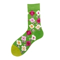 Green cotton crew socks featuring vibrant pink, white and yellow floral patterns - Green Colorful Floral Pattern (1349C)