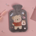 Gray plush hot water bottle with cute cartoon bear print and soft fleece texture - Large Grey - Milk Tea Bear