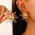 Exaggerated gold sunburst stud earrings with polished vintage metallic rays for women - Sunburst Shape Earrings (10856) / Gold