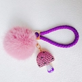 Detail of pink faux fur pom pom and rhinestone mushroom charm on purple woven keychain - Mushroom + Strap + Pompon / Purple