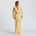 Detail of light yellow maxi dress with deep V-neck, waist cut-outs and pleated chiffon fabric - M / Yellow