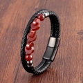 Close-up of double-layer woven leather bracelet with red agate beads and metal clasp - Black-4 (Red Agate)