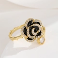 18K gold ring with black rose design, cubic zirconia accents and thorn-textured band - 18K Gold Plated Black Rose Enamel Ring