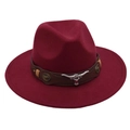 Detail of burgundy fedora hat with brown leather band and silver bull head metal emblem - One Size(Adjustable) / Burgundy