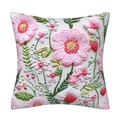 White cushion cover with 3D pink floral and red strawberry embroidery patterns - 18x18 Inch