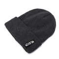 Dark grey knitted beanie with ribbed texture and minimalist woven logo label for men and women - One Size / Gray