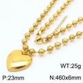Golden stainless steel heart pendant necklace with 6mm bead chain and product specs - Gold Necklace (KN234439-Z)