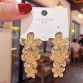 Three-layer golden flower tassel earrings with 925 silver needle and metallic finish - 14# Silver Needle - Gold Flower