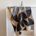 Thick geometric knit shawl scarf in grey and camel patchwork with fringe details - Gray