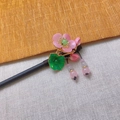 Elegant Chinese style wooden hairpin featuring pink lotus flower and beaded tassels - Pink Floral Emerald Lotus Leaf Tassel Wood Hair Stick(6779)