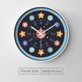 Horloge murale éducative pour enfants avec cadre blanc et cadran bleu planète - 10" / Style Planète Cadre Blanc