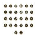 Golden round pendants with black enamel featuring white A-Z alphabet letters for DIY jewelry - 26 Letters/Set / Black