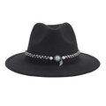 Classic black wool felt fedora with turquoise beaded band and silver leaf pendant detail - Large Turquoise Leaf
