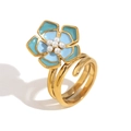 Adjustable 18K gold flower ring with blue enamel petals and white pearls - Petal Ring (Double Blue)