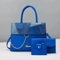 Three-piece royal blue handbag set featuring mixed snake and crocodile leather textures - Blue