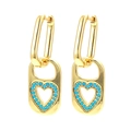 Minimalist heart lock earrings with blue stone inlay and gold finish on white background - Gold-Sky Blue