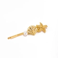 Golden metal hair clip featuring seashell and starfish designs with elegant pearl accents - F730K-Gold Shell Starfish Pearl Bobby Pin