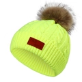 Bonnet en tricot jaune fluo avec pompon marron et étiquette en cuir FAS JEANS - 40-50CM / Jaune Néon