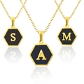 Golden stainless steel letter necklaces with black hexagon pendants S A and M variants - Hexagonal Black Shell Ln-03 / Letter M
