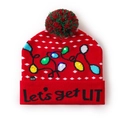 Red Christmas knit hat with LED lights and Let's get LIT text on white background - Bright Red Light String Christmas Hat