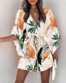 Women's beige summer V-neck dress with orange leaf print and flutter sleeves - S / Daisy Leaf Print