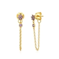 Boucles d'oreilles pampilles en argent S925 avec fleur en zircon violet et chaîne - Violet/Or