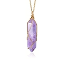 Macro detail of natural purple amethyst crystal pendant with gold wire wrap and chain - Purple Crystal