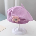Knitted purple baby beret with a pink floral ornament for infants and toddlers - Flower Knit Beret / Purple