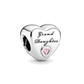 Polished silver heart charm with Grand Daughter engraving and a pink gemstone - Grand Daughter