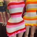 Handmade crochet knit mini dress with pink and white stripes and ruffled hemline - Adult Free Size / Rose Red Dress