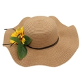 Detail of wide wave brim straw hat with sunflower decoration and fine woven texture - Khaki