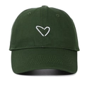 Detailed view of white heart embroidery on a dark green soft cotton baseball cap - Army Green