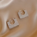 Elegant geometric square hoop earrings with silver plating and sparkling rhinestones - Geometric Square Hoop Earrings / Silver