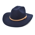 Cappello fedora in lana blu scuro con cinturino in pelle cammello e fibbia dorata - M (56-58cm) / Blu navy