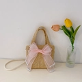 Kids straw shoulder bag with large pink mesh bow and pearl accents in natural straw color - Khaki with Pink Bow