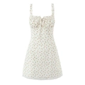 Floral A-line strap dress with backless tie design and red rose print on white fabric - S / White with Red Floral