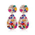 Chic gold-toned statement earrings with vibrant multicolored rhinestones and teardrop charms - Clip-on Earrings / Colorful