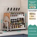 Two-tier stainless steel kitchen rack 40cm width with knife holder and hooks - Double Layer 40cm + Knife Rack + Cutting Board Rack + Hooks