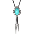 Vintage western bolo tie with crown turquoise pendant and black braided leather cord - Turquoise