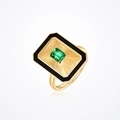 Vintage French style brushed gold ring with emerald cut green stone and black enamel frame - Green Zircon Ring (Adjustable)