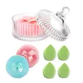 Beauty set with glass jar, pink and blue bow plush puffs, and green makeup sponges - 1 Green + 1 Pink + 4 Flocking Sponges (In Glass Jar)