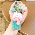 Cute bunny head ice cream keychain in pink and mint green with liquid glitter and bell - Green