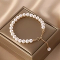 Elegant white freshwater pearl bracelet with adjustable 14K gold clasp on silk - Pearl Bracelet with Gold Lobster Clasp (T-b-016)
