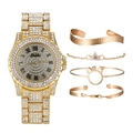 Detailed view of luxury gold watch with rhinestones and four matching fashion bracelets - Style 1 (bow Box)