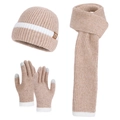 Beige 3-piece winter set with knitted hat, scarf, and touch-screen gloves for women - Khaki