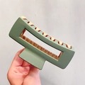 Matte green rectangular hair claw clip with amber teeth for thick hair styling - Green & Coffee