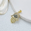 Golden Hamsa hand pendant with sparkling zircons and blue eye stone on white background - [D3018JN] Gold Hamsa Hand Eye