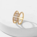 Golden double-layered square open ring with clear zircon stones on a white stand - Style 4 / Gold