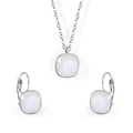Silver stainless steel jewelry set featuring white square opal necklace and earrings - Steel-White Crystal